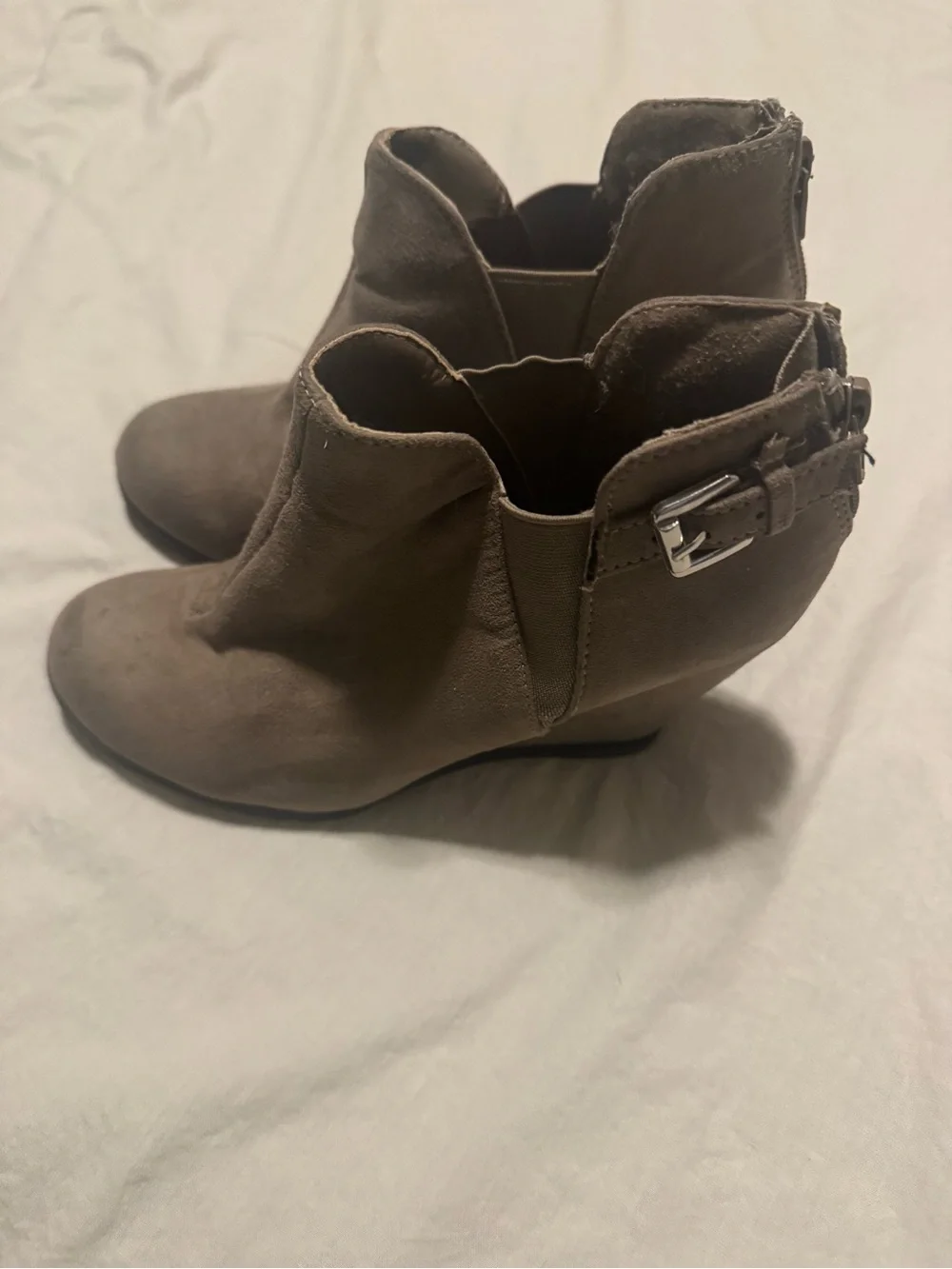 Maurices Taupe Wedge Ankle Boots with Buckle Detail
